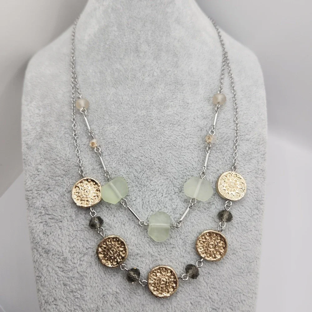 Boho Layered Necklace Gold Coin Crystal Green Bead Silver Tone J. Jill NEW